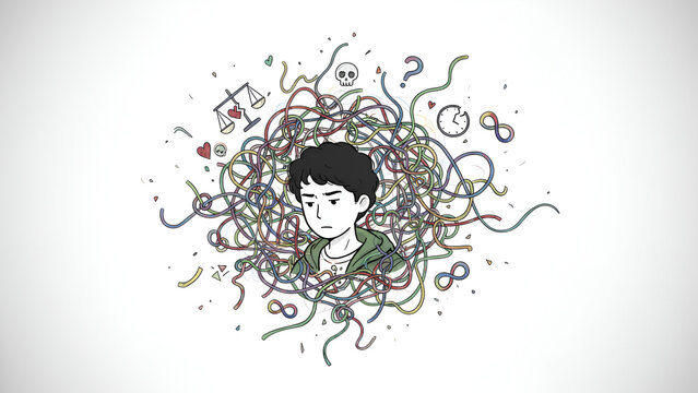 Young man with colorful tangled lines swirling around head