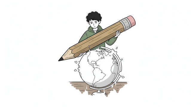 Young man Holding giant pencil drawing on Earth globe