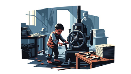 Child labor depicted inside a small factory, modern flat vector illustration raising awareness of global social problems, ideal for education and humanitarian content