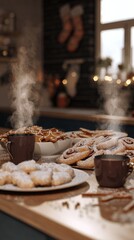 hyper realistic photo of homemade Christmas desserts on a kitchen table, gingerbread cookies