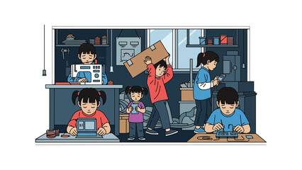 Child labor depicted inside a small factory, modern flat vector illustration raising awareness of global social problems, ideal for education and humanitarian content