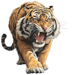 Fototapeta premium An aggressive snarling tiger walking forward illustration.