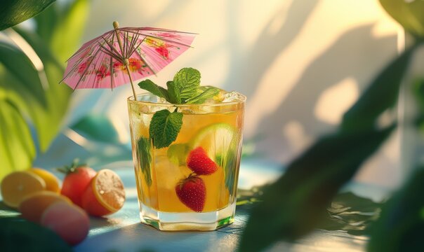 Vibrant tropical cocktail with a paper umbrella and fresh mint leaves, soft natural light enhancing refreshing tones and summer vibes - Powered by Adobe