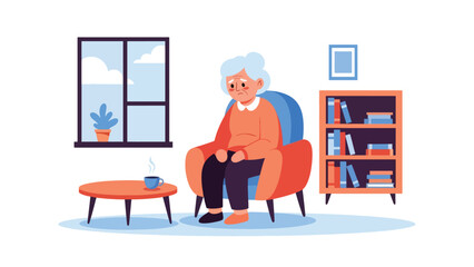 Elderly person sitting alone at home, modern flat vector illustration highlighting loneliness and aging society issues, ideal for social care and awareness projects