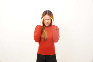 Stressed young woman suffering from headache or migraine, closing her eyes and pressing her temples in pain or frustration