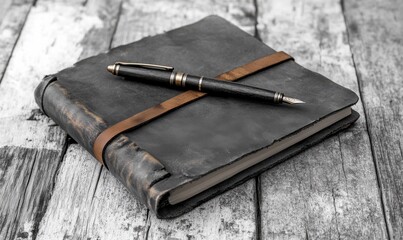 Vintage leather-bound notebook with a pen resting on top, placed on a rustic wooden surface, soft shadows adding depth