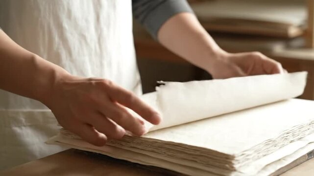 Craftsperson's hands pressing stack of textured paper, traditional paper-making process