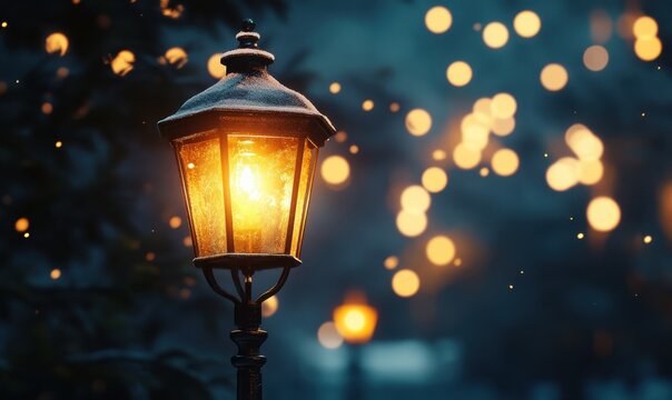 Vintage street lamp glowing warmly on a snowy evening, soft bokeh lights in the background creating a cozy winter night scene - Powered by Adobe