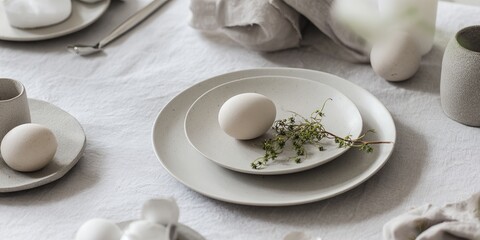 hyper realistic photograph of a minimalist Easter table setting, neutral colors, ceramic plates, boiled eggs