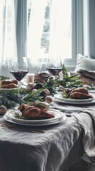 hyper realistic photograph of a modern luxury Christmas table, white porcelain plates