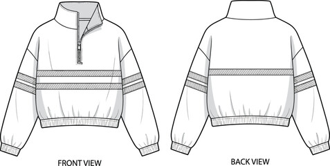 Pullover jacket technical sketch, front and back view, fashion flat drawing, garment design template, stripe detail, half zip collar © Creative _ idea