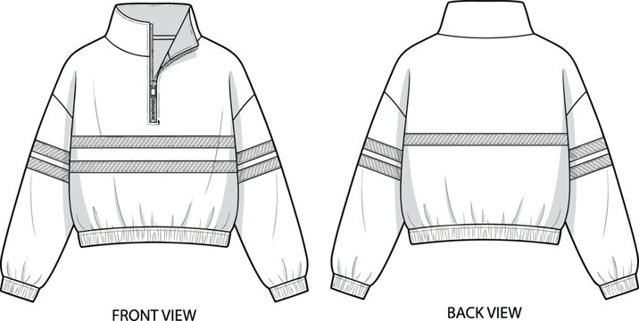 Pullover jacket technical sketch, front and back view, fashion flat drawing, garment design template, stripe detail, half zip collar