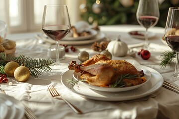 hyper realistic photograph of a modern luxury Christmas table, white porcelain plates, rosemary garnished roast chicken, red wine glasses
