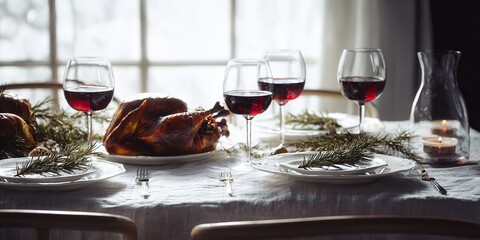 hyper realistic photograph of a modern luxury Christmas table, white porcelain plates, rosemary garnished roast chicken, red wine glasses, linen tablecloth, pine branches