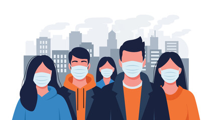 City residents wearing masks due to air pollution, modern flat vector illustration highlighting environmental health issues, ideal for climate and urban topics