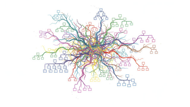 Exploding colorful family tree with silhouette figures