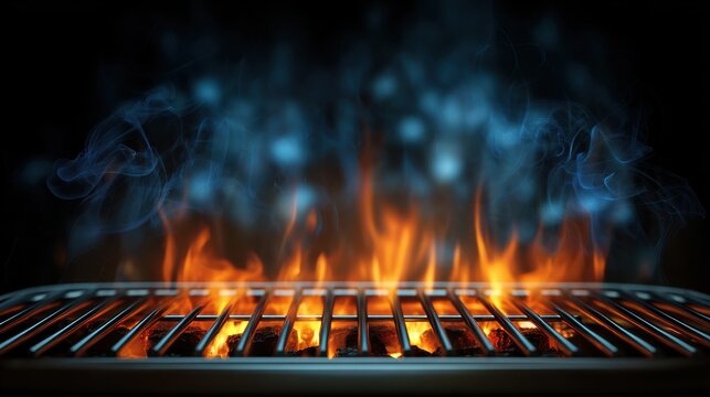 silver grill with orange flames and blue smoke barbecue