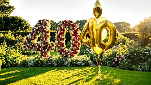 Video of the 40th anniversary celebration with flower arrangements and balloons, wedding day, birthday, important day, background,  