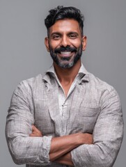 Obraz premium smiling happy successful ceo financial manager confident bearded indian businessman looking at camera standing with arms crossed handsome classy corporation owner vertical business portrait no logos 