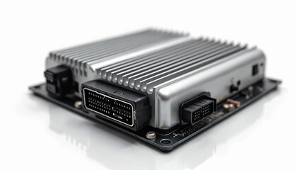 Automotive engine control unit with multiple connectors. Silver metal casing, heatsink fins for cooling. Electronic module mounted on circuit board. Modern vehicle computer part.