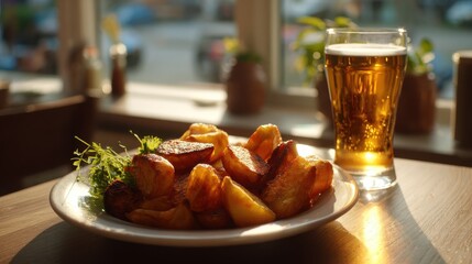 a delicious meal with crispy fried potatoes and a cold glass of beer perfect for a casual dining experience