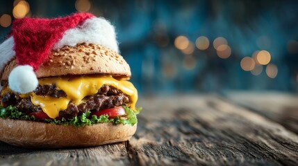 A festive double-patty burger with cheese, tomato, and lettuce, topped with a miniature Santa hat, set on a rustic wooden table against a bokeh background
