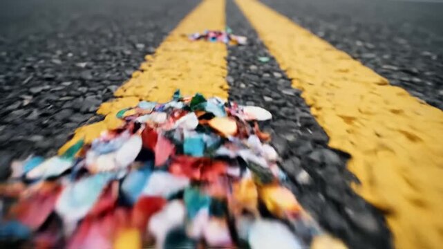 Colorful celebration confetti scattered on asphalt road marking transition to happy new year