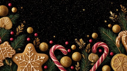 A festive holiday border with decorative elements including gingerbread, candy canes, ornaments, and greenery. Against a black background