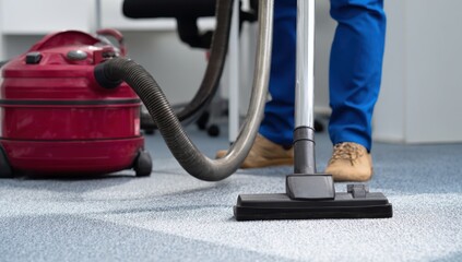 Fototapeta premium professional carpet cleaning service technician using a vacuum cleaner