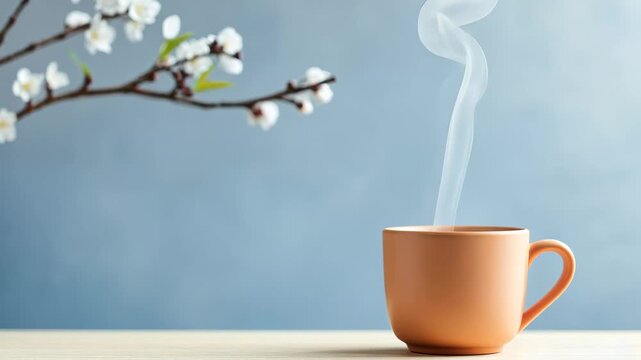 Steaming coffee cup on wooden table with blooming branch in serene spring morning