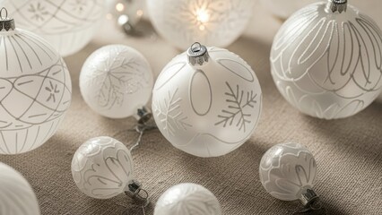 Elegant collection of white christmas ornaments with intricate silver designs