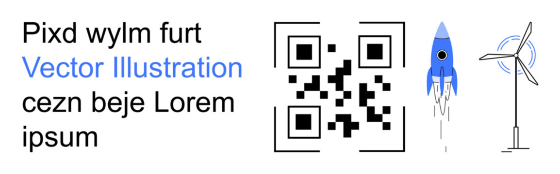 Technology innovation, clean energy, futuristic ideas, renewable resources, digital transformation, progress. QR code with blue rocket and wind turbine. Technology innovation and clean energy concept