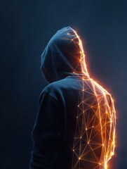 back view of hacker using abstract glowing lines interface on dark background big data hacker metaverse and connection concept no logos no brands ar 34