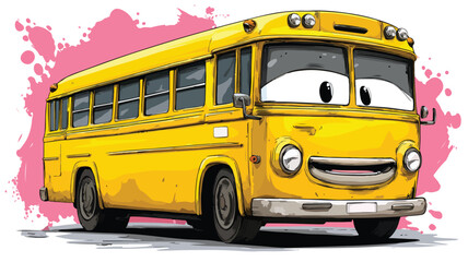 Whimsical Yellow Bus with Fun Face Cartoon Drawing Vector Illustration