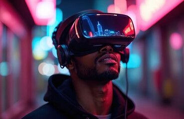 Black man wears VR headset with headphones at night city street. Neon lights reflect on goggles. He explores virtual reality urban landscape.