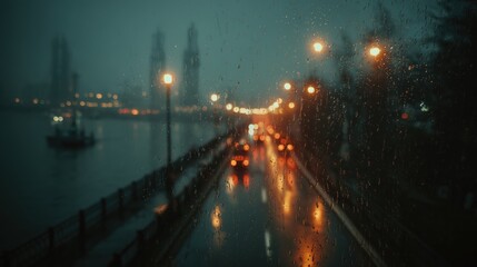 Fototapeta premium Raindrops on window glass with blurred city night lights in background.