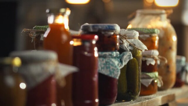 A man retrieves a jar of organic pickles from a shelf in a dim cellar, highlighting homemade food preservation techniques and traditional cooking methods