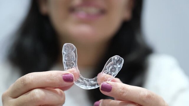 Young woman holding a removable invisible aligner in her hands for orthodontic treatment
