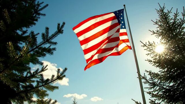 American flag waving majestically against a clear blue sky framed by lush green pine branches