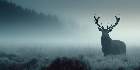Naklejka premium Majestic red deer stag standing in misty forest landscape during early morning.
