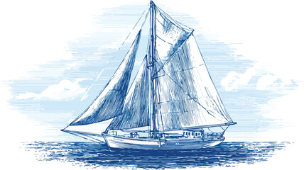 Boat with Ship Drawing Vector Art - Nautical Transportation Doodle Illustration