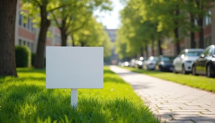 Blank white sign stands on rich green grass beside a paved walkway. Cars are parked along the street lined with trees under a bright sunny sky. Space for text or graphics.