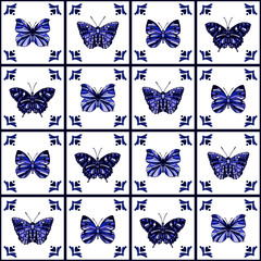 Vector seamless pattern with butterflies in Delft tile style
