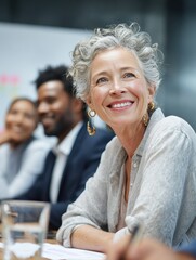 senior older female executive ceo and happy multicultural business people discuss corporate project at boardroom table smiling diverse corporate team working together in modern meeting room office no