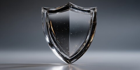 Sleek black 3D glossy shield emblem on grey background for security concepts.

