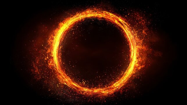 A fiery, circular, abstract design with an intense orange and yellow glow against a stark black background. It appears to be a ring of fire