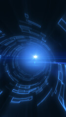 Abstract blue glowing tunnel made of digital lines and particles, representing technology, speed, and data communication
