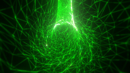 Bright green digital mesh spiraling inward, forming a glowing lattice vortex with dynamic light energy and futuristic grid patterns