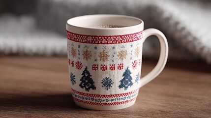Cozy holiday mug with festive knit pattern filled with a warm beverage