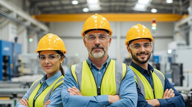Diverse group of engineers, including a woman, and men, posing in industrial factory